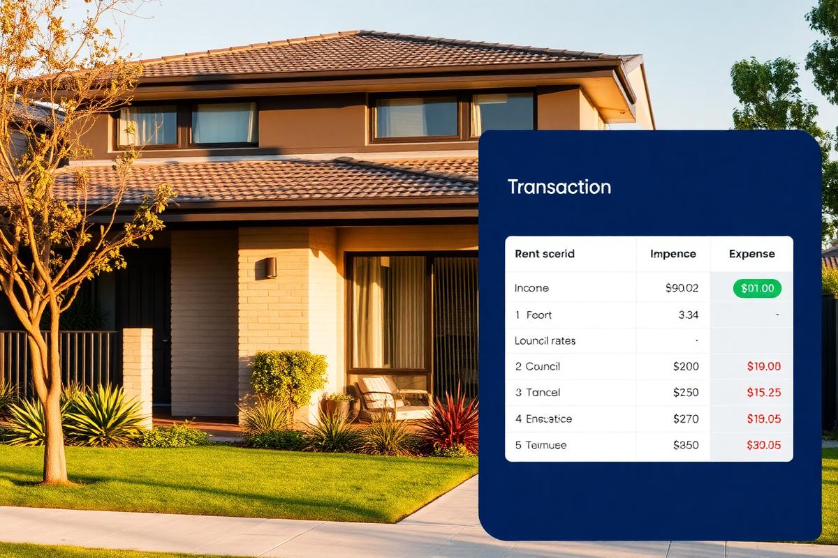 Rental property with a transaction ledger overlay showing income and expenses
