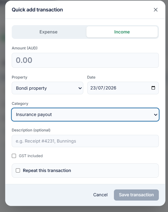 Quick add transaction dialog showing amount, property, date and category fields