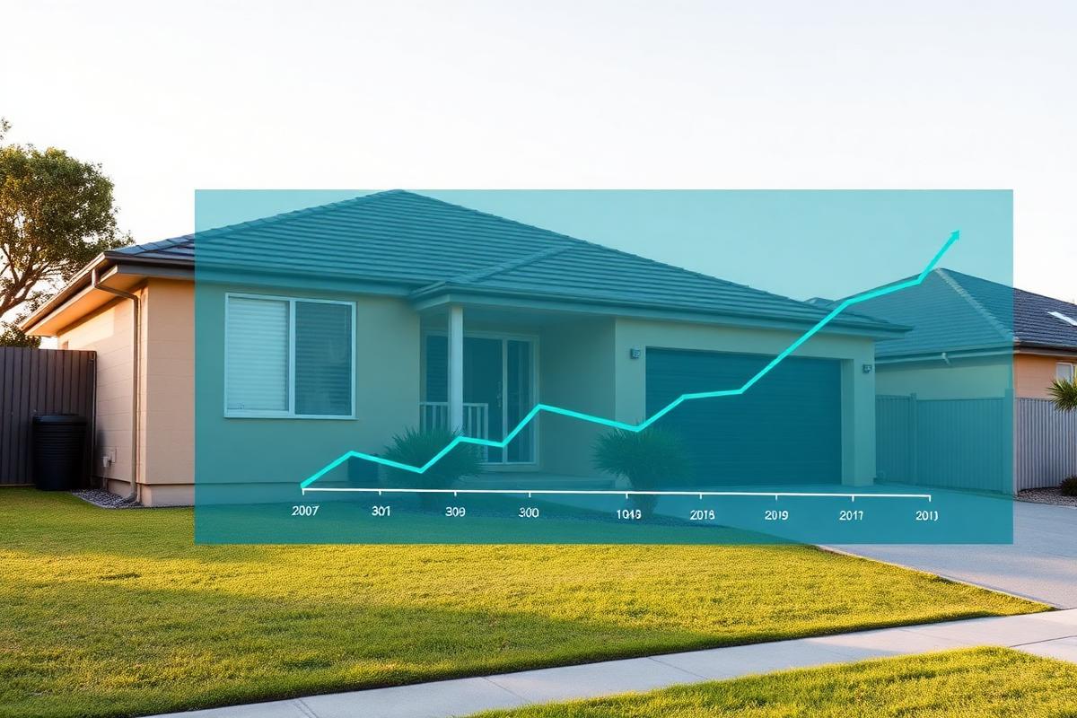 House with a property value trend line overlay rising over time