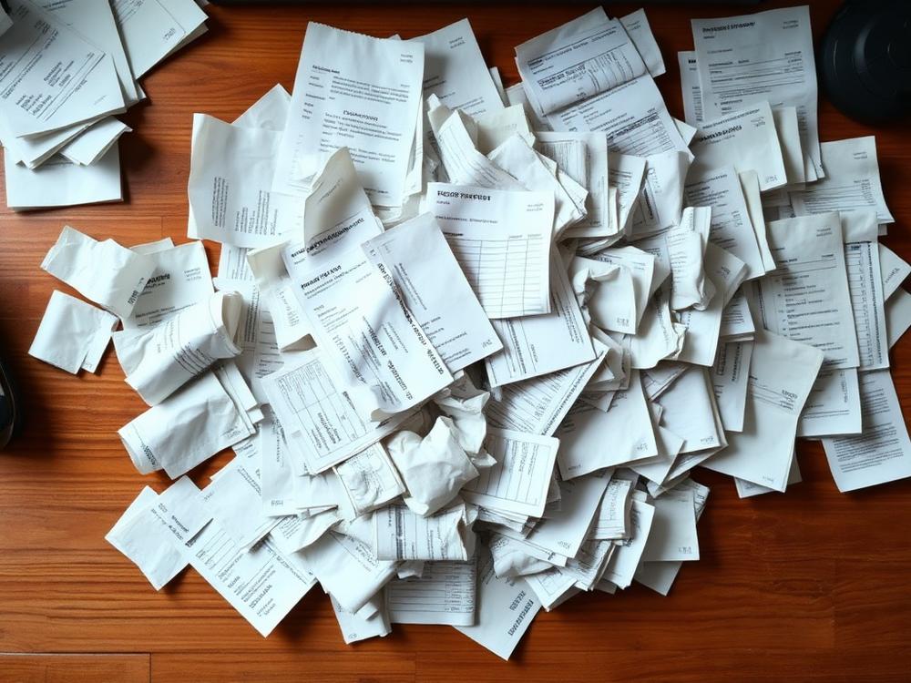 Cluttered pile of paper receipts on a desk
